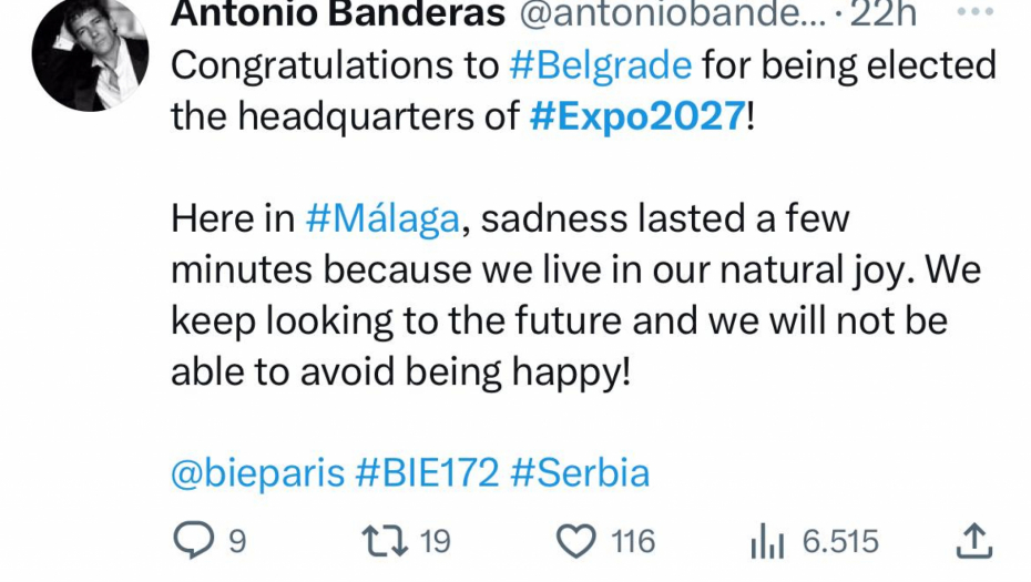 "NASTAVLJAMO DA GLEDAMO PREMA BUDUĆNOSTI" Antonio Banderas čestitao Srbiji zbog izložbe "Eskpo 2027"