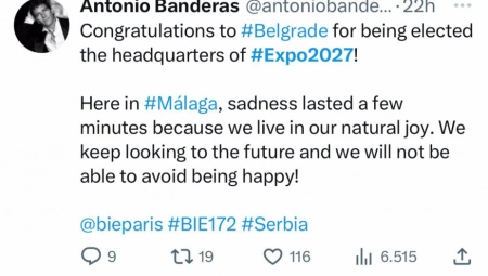 "NASTAVLJAMO DA GLEDAMO PREMA BUDUĆNOSTI" Antonio Banderas čestitao Srbiji zbog izložbe "Eskpo 2027"