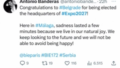 "NASTAVLJAMO DA GLEDAMO PREMA BUDUĆNOSTI" Antonio Banderas čestitao Srbiji zbog izložbe "Eskpo 2027"