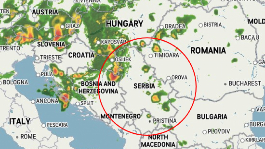 MAPA POKAZUJE KOJI DEO SRBIJE JE PRVI NA UDARU NEVREMENA Oluja stiže sa zapada, kreće se ogromnom brzinom!