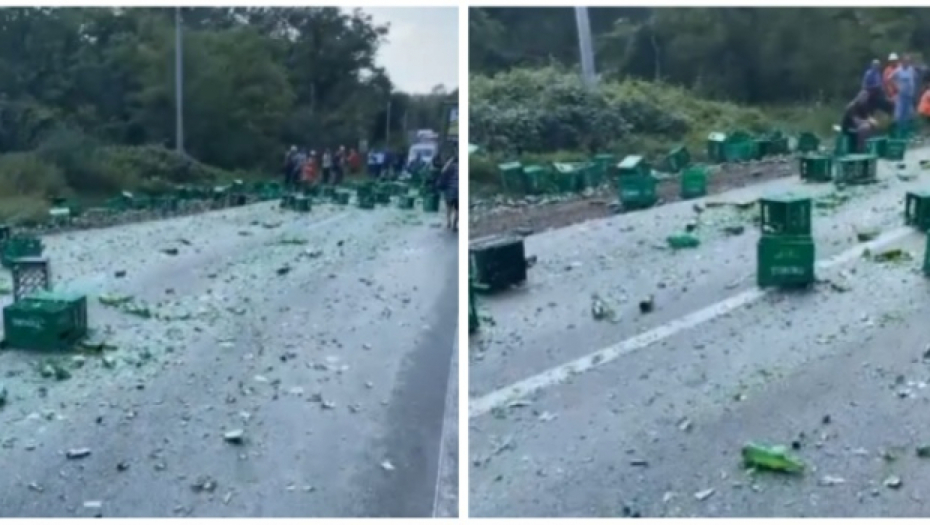HAOS NA PUTU UMKA - BARIČ Prevrnute četiri palete piva, srča svuda po putu