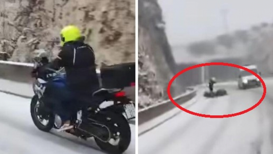 USRED SNEŽNE OLUJE IŠAO MOTOROM Snimak pada motocikliste ledi krv u žilama