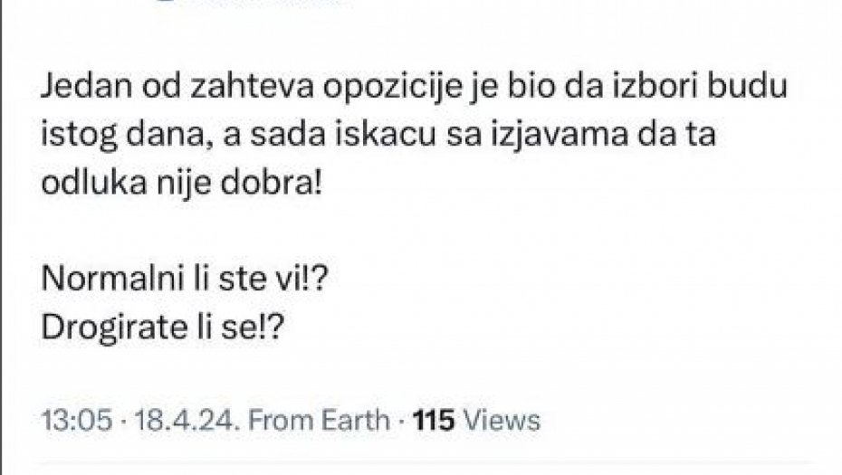 "JEL SE DROGIRATE?" Tviter gori posle izjava opozicije da "spajanje izbora nije dobro"