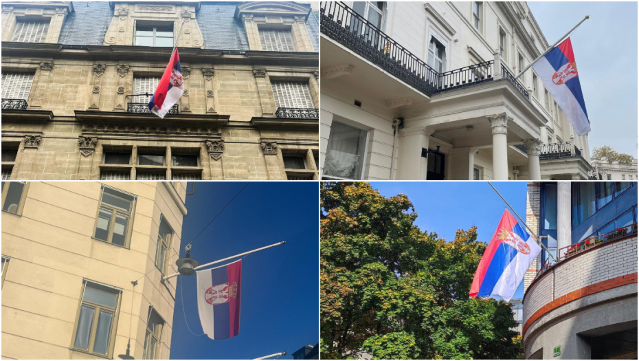 SPUŠTENE ZASTAVE NA POLA KOPLJA Ambasade Srbije širom sveta otvaraju knjige žalosti u znak sećanja na žrtve tragedije u Novom Sadu