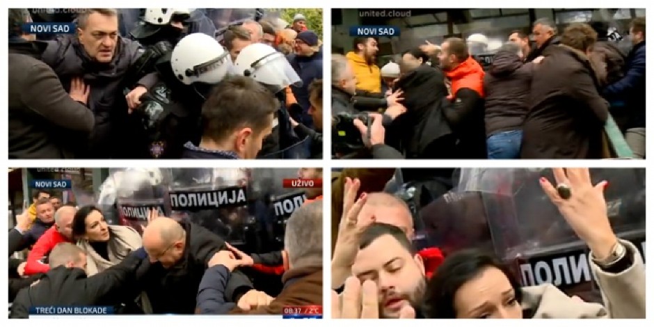 OPET DIVLJA NASILNA OPOZICIJA U Novom Sadu OPŠTE GURANJE sa kordonom policije, hoće nasilno da upadnu u sud