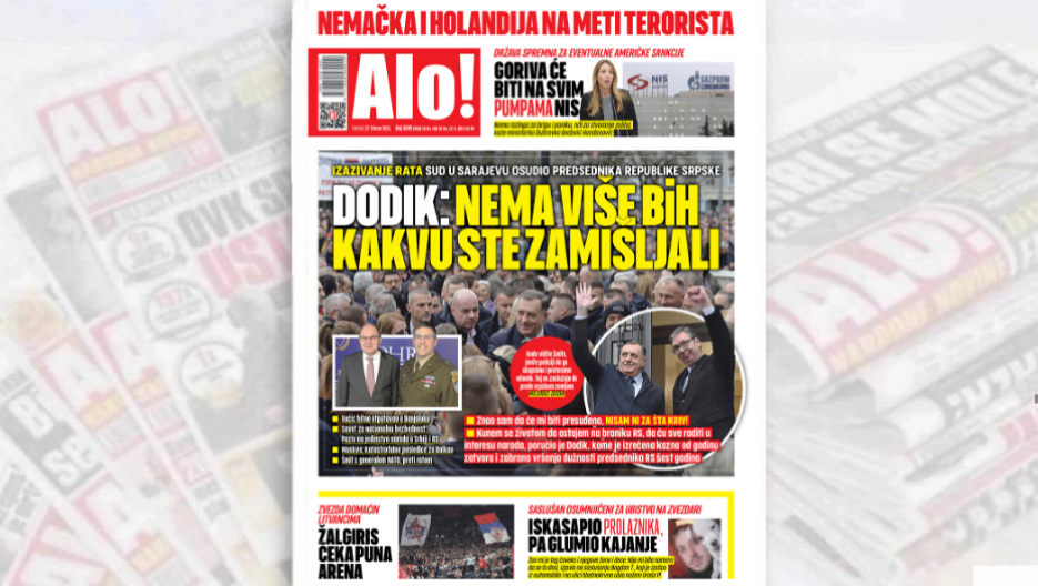 DODIK: NEMA VIŠE BiH KAKVU STE ZAMIŠLJALI Sud u Sarajevu osudio predsednika Republike Srpske