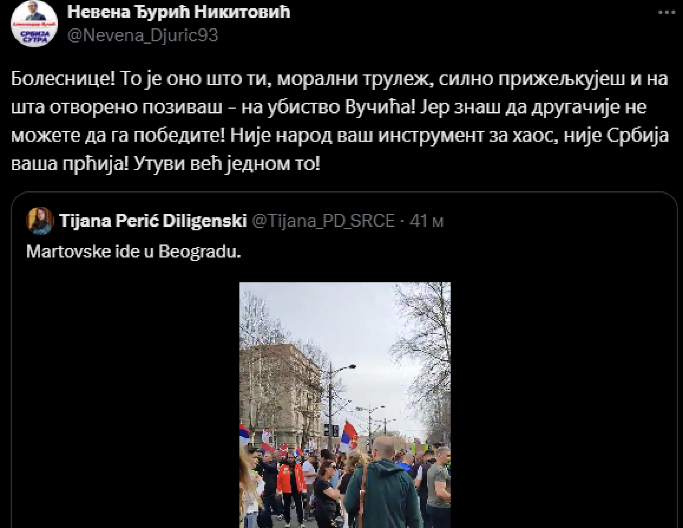NIJE NAROD VAŠ INSTRUMENT ZA HAOS! Nevena Đurić Nikitović oštro odgovorila opozicionarki: Bolesnice, pozivaš na ubistvo Vučića! (VIDEO)