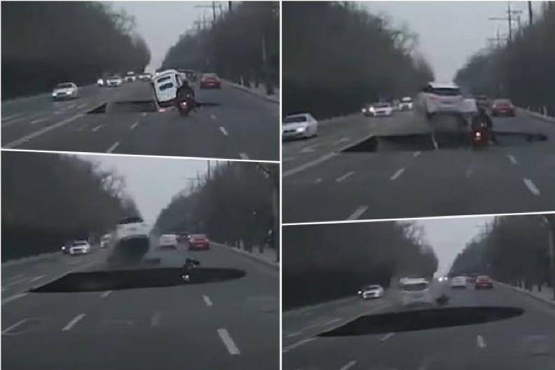 HOROR! OTVORILA SE RUPA I "PROGUTALA" MOTOCIKLISTU! Žena za dlaku izbegla tragediju, rupa duboka 20 METARA! (FOTO, VIDEO)