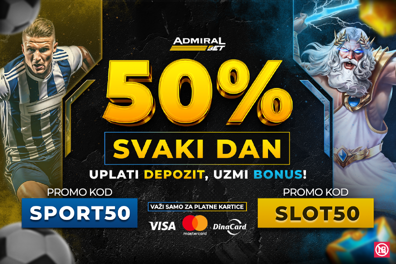 ADMIRALBET VAM POKLANJA 50% BONUSA SVAKOG DANA Od sada svaki dan počinje bonusom – slot ili sport, vi birate!