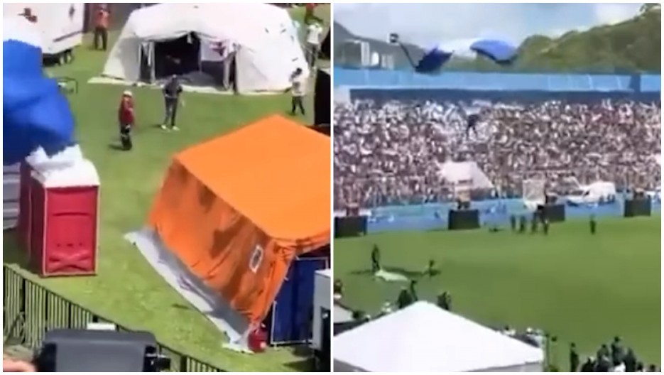 "VIŠE SE UBIŠE NEGO DA NEMAJU PADOBRAN!" Urnebesna scena na stadionu, padobranci uspešno izveli napad - ali na WC! (VIDEO)