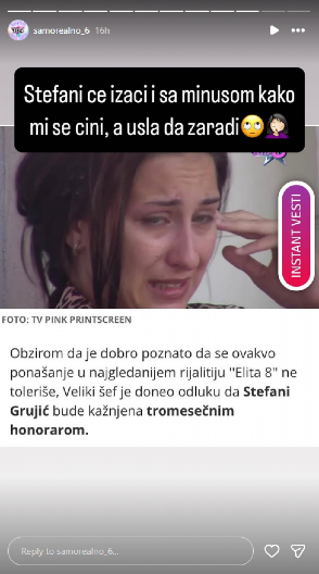 "STEFANI ĆE IZAĆI SA MINUSOM, A UŠLA JE DA ZARADI" Rijaliti učesnica kažnjena tromesečnim honorarom!