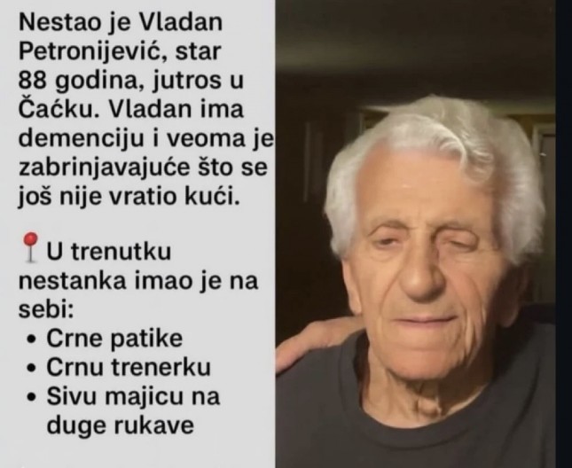 HITAN APEL GRAĐANIMA! AKO GA NEKO VIDI, MOLI SE DA JAVI: Nestao deka Vladan, ima demenciju