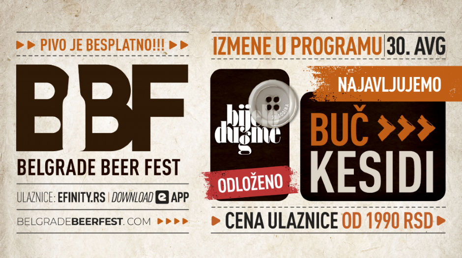 Odložen koncert Bijelog Dugmeta zakazan za 30. avgust na Belgrade Beer Festu — novi datum koncerta na jesen u Beogradskoj Areni