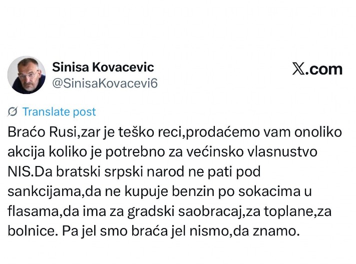 OPOZICIONAR SINIŠA KOVAČEVIĆ ISPROZIVAO RUSIJU Ako ste braća budite pošteni prema Srbima i prodajte akcije NiS-a!