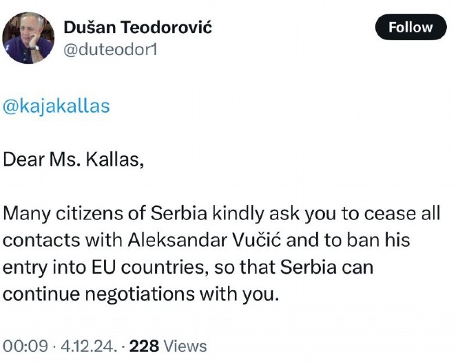 VRHUNAC ŠLIHTANJA ĐILASOVACA! Teodorović traži od Kaje Kalas da zabrani Vučiću ulazak u EU jer neće da prizna tzv. Kosovo!