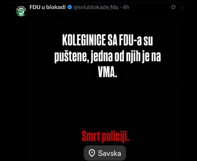 VJT NAREDILO DA SE IDENTIFIKUJU ONI KOJI SU OBJAVILI PRETNJE POLICIJI! Jezive reči objavljene na stanici blokadera sa FDU