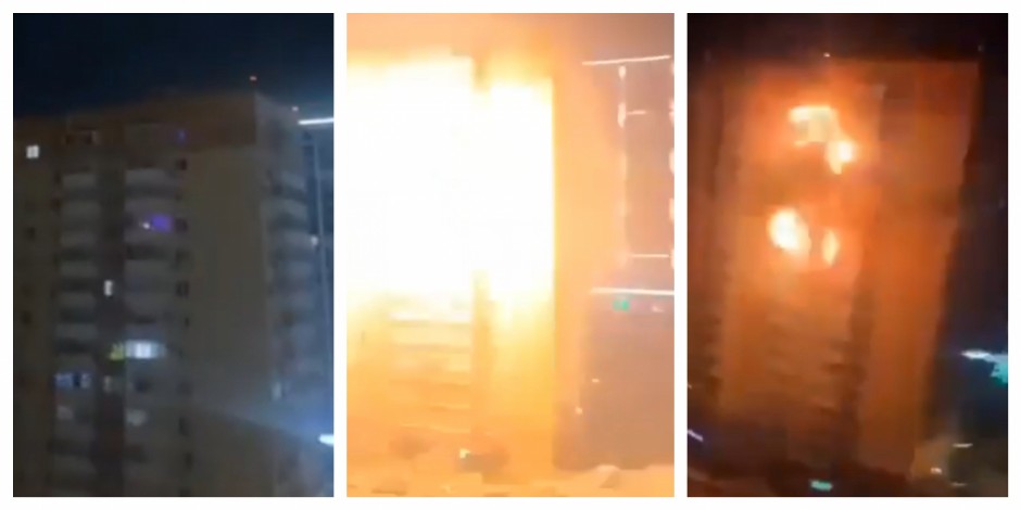 SNIMLJEN TRENUTAK KADA SE DRON ZAKUCAO U ZGRADU Eksplozija pa požar, Ukrajinci izveli masovan napad (VIDEO)