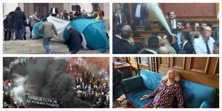 GURAJU ŽENE ISPRED SKUPŠTINE, UNUTRA BACAJU DIMNE BOMBE I UGROŽAVAJU ŽIVOT I TRUDNICAMA Opozicionarima je nasilje jedina politika