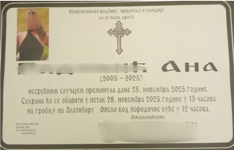 DANAS JE JEDAN OD NAJTUŽNIJIH DANA NA ZLATIBORU Porodica ispraća studentkinju Anu koja je tračno nastradala kod Čačka