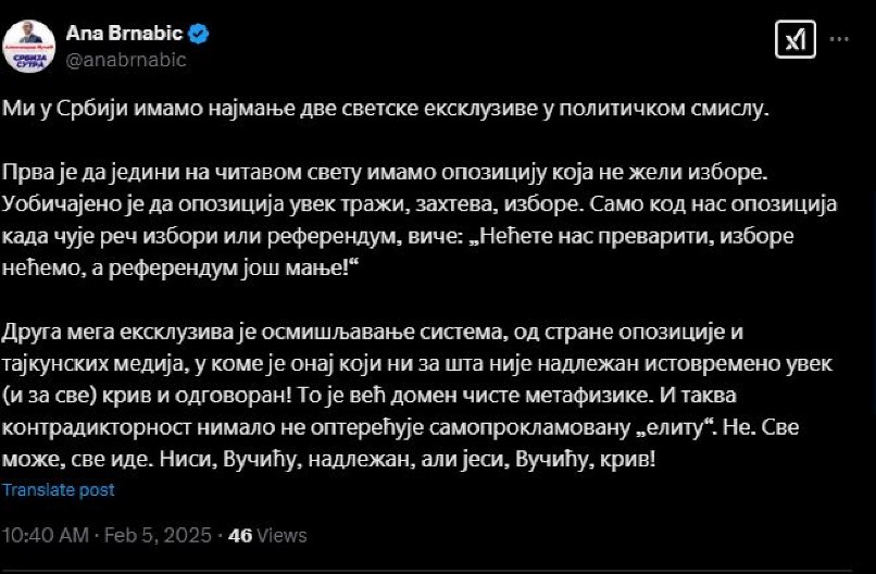 "NIJE NADLEŽAN, ALI JESTE KRIV" Brnabić razvalila sistem opozicije: Ovo je već domen čiste metafizike!