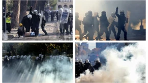 Haos u centru Tirane, zapalili su zgradu Ministarstva, gore vrata i prozori: Lete kamenice i molotovljevi kokteli, policija uzvraća suzavcem