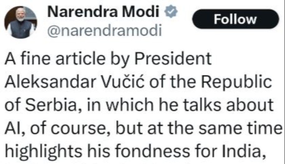 "ODLIČAN TEKST" Narendra Modi šerovao Vučićev članak na Tviteru