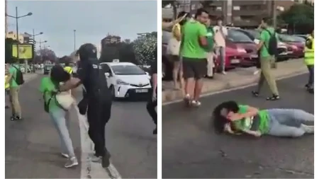 Ovako EU policija rešava blokade u Valensiji: Nastavnica blokaderka htela da zaustavi saoobraćaj, završila je na betonu (VIDEO)