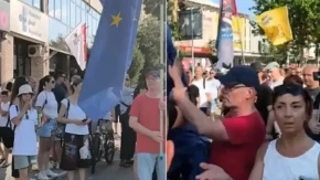 Ovo je politička "elita"? Blokaderi u Novom Sadu se sukobili zbog zastave EU, jedan od njih nosio nemački šlem sa krvavom šakom! (VIDEO)