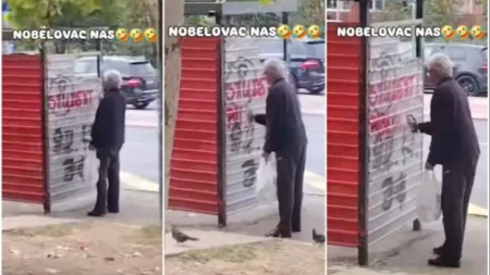 "Student" od 70 i kusur godina uništava grad! Usnimljen kako šara po autobuskom stajalištu - učinimo ga poznatim! (VIDEO)