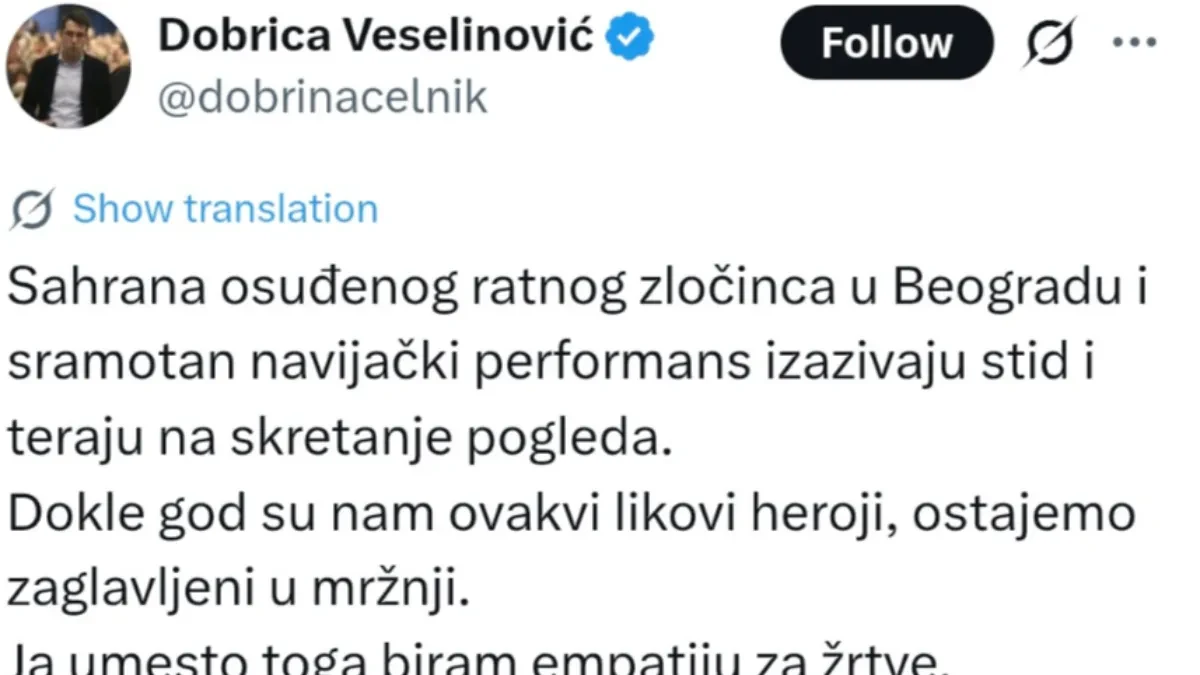 Veselinović pljunuo na generala Mladića i ceo srpski narod